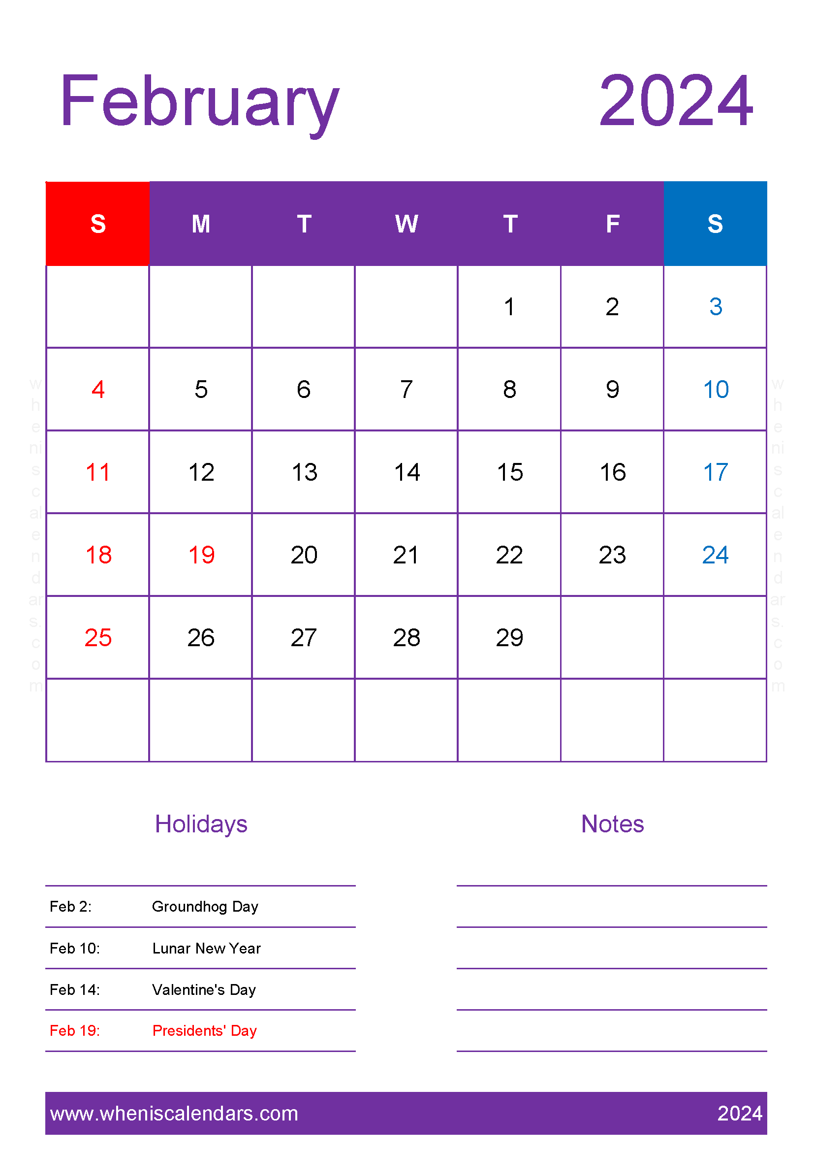 Free Calendar for February 2024 Monthly Calendar