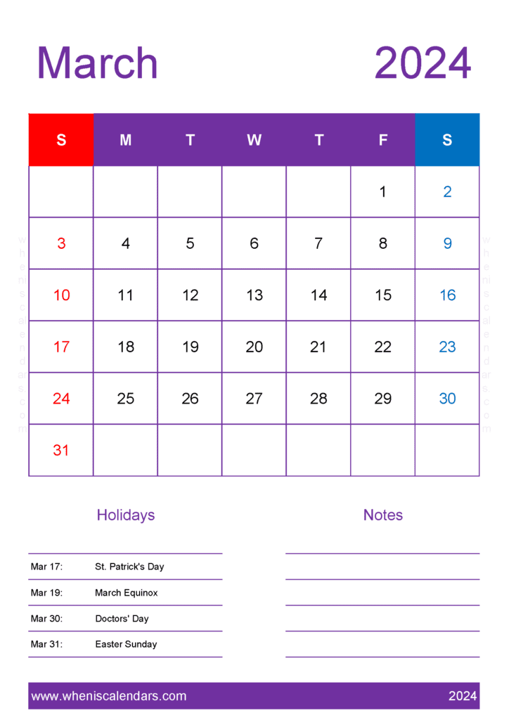 Download Free Calendar for March 2024 A4 Vertical M34157