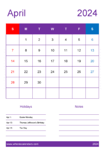 Free Calendar for April 2024 J14157