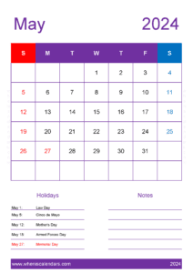 Free Calendar for May 2024 J14157