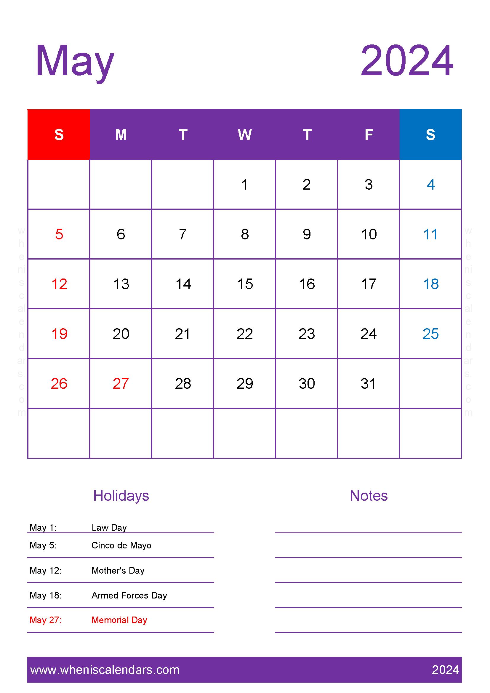 Free Calendar for May 2024 Monthly Calendar