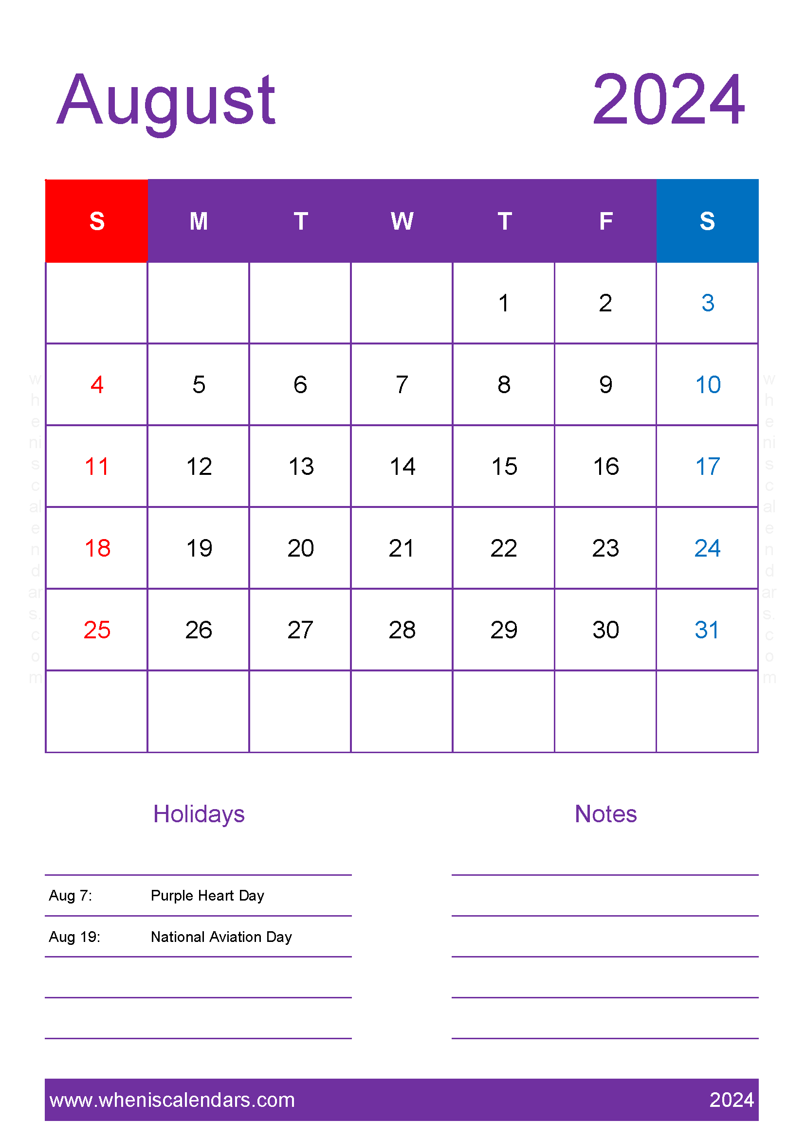 Free Calendar for August 2024 Monthly Calendar