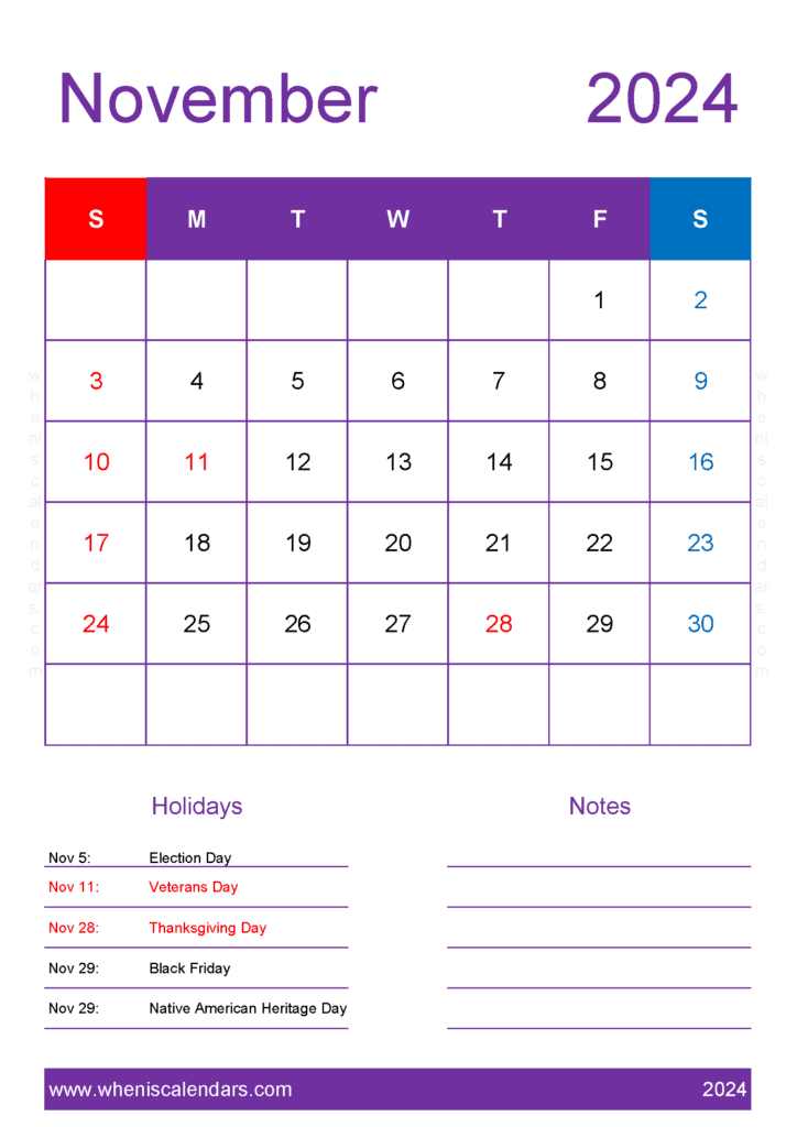 Free Calendar for November 2024 Monthly Calendar