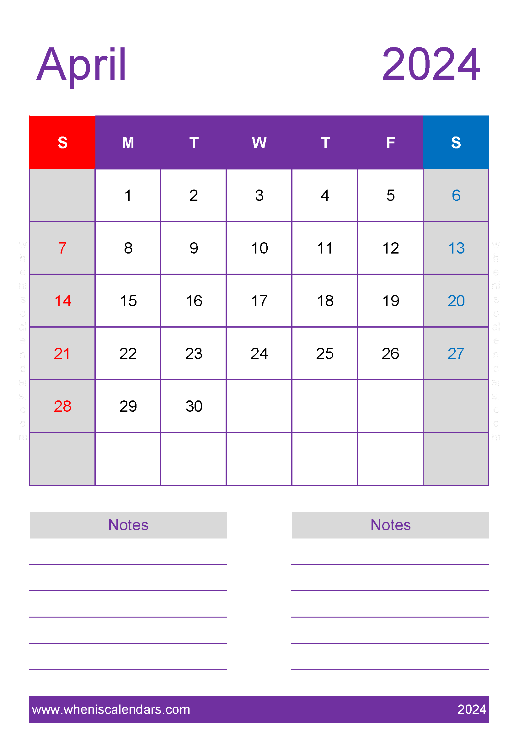 April 2024 Calendar large print Monthly Calendar