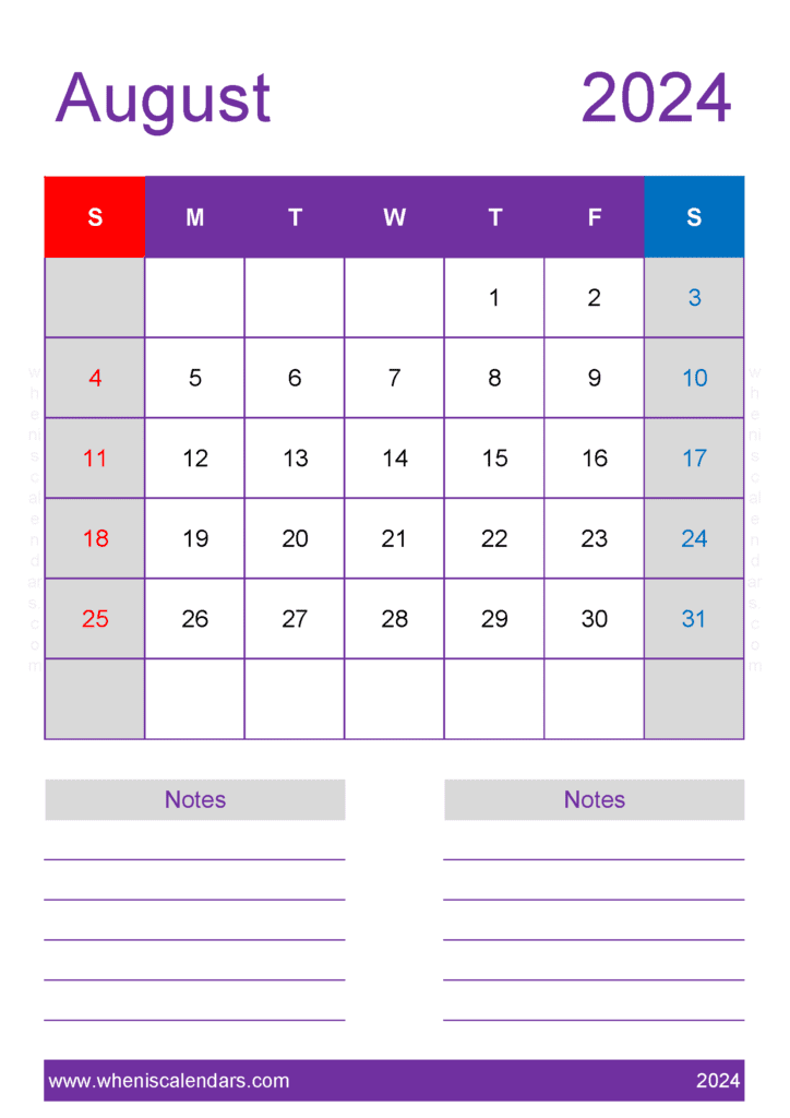 August 2024 Calendar large print Monthly Calendar