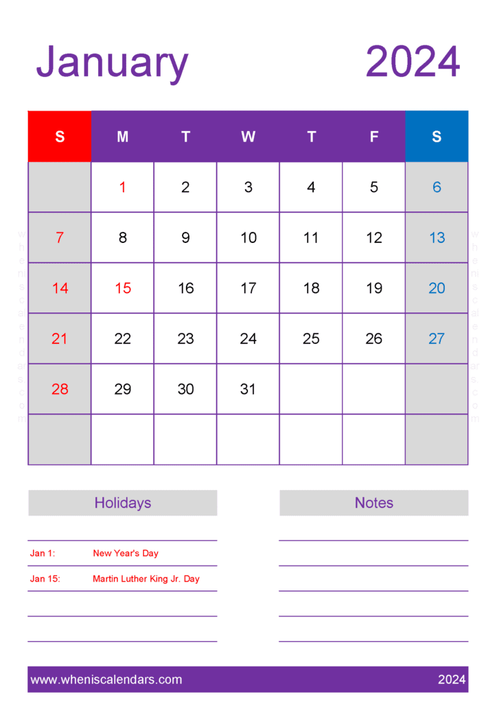 January 2024 Calendar in excel Monthly Calendar