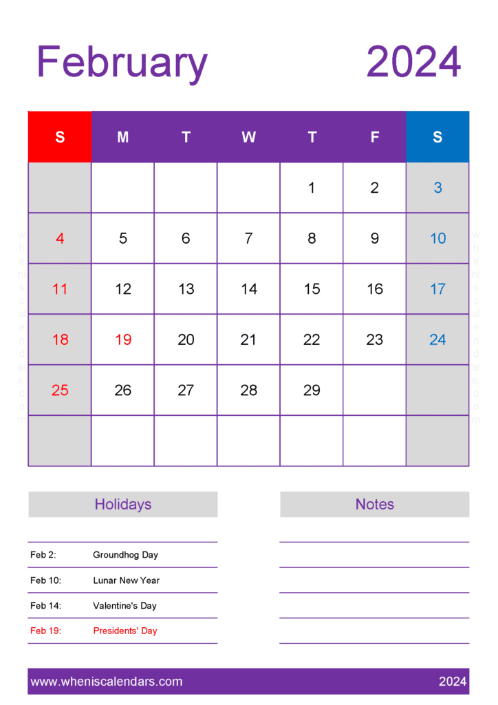 Download February 2024 Calendar in excel A4 Vertical F4158