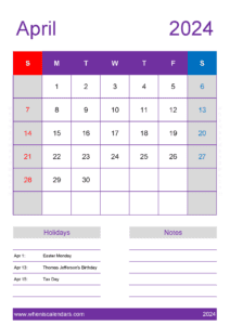 April 2024 Calendar in excel J14158