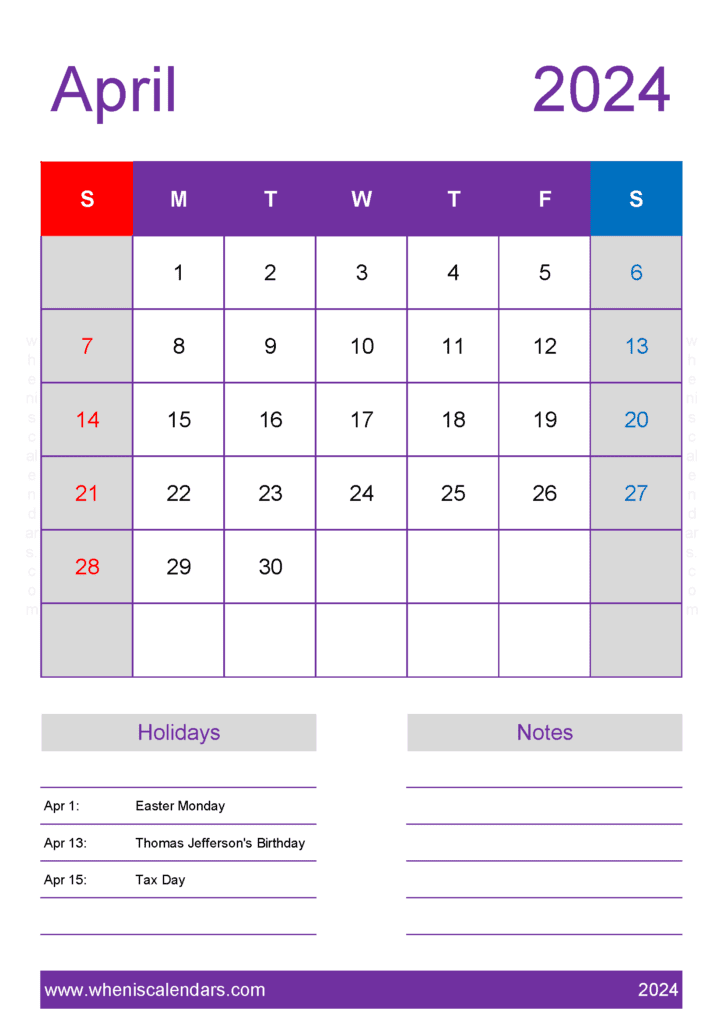 April 2024 Calendar in excel A44158
