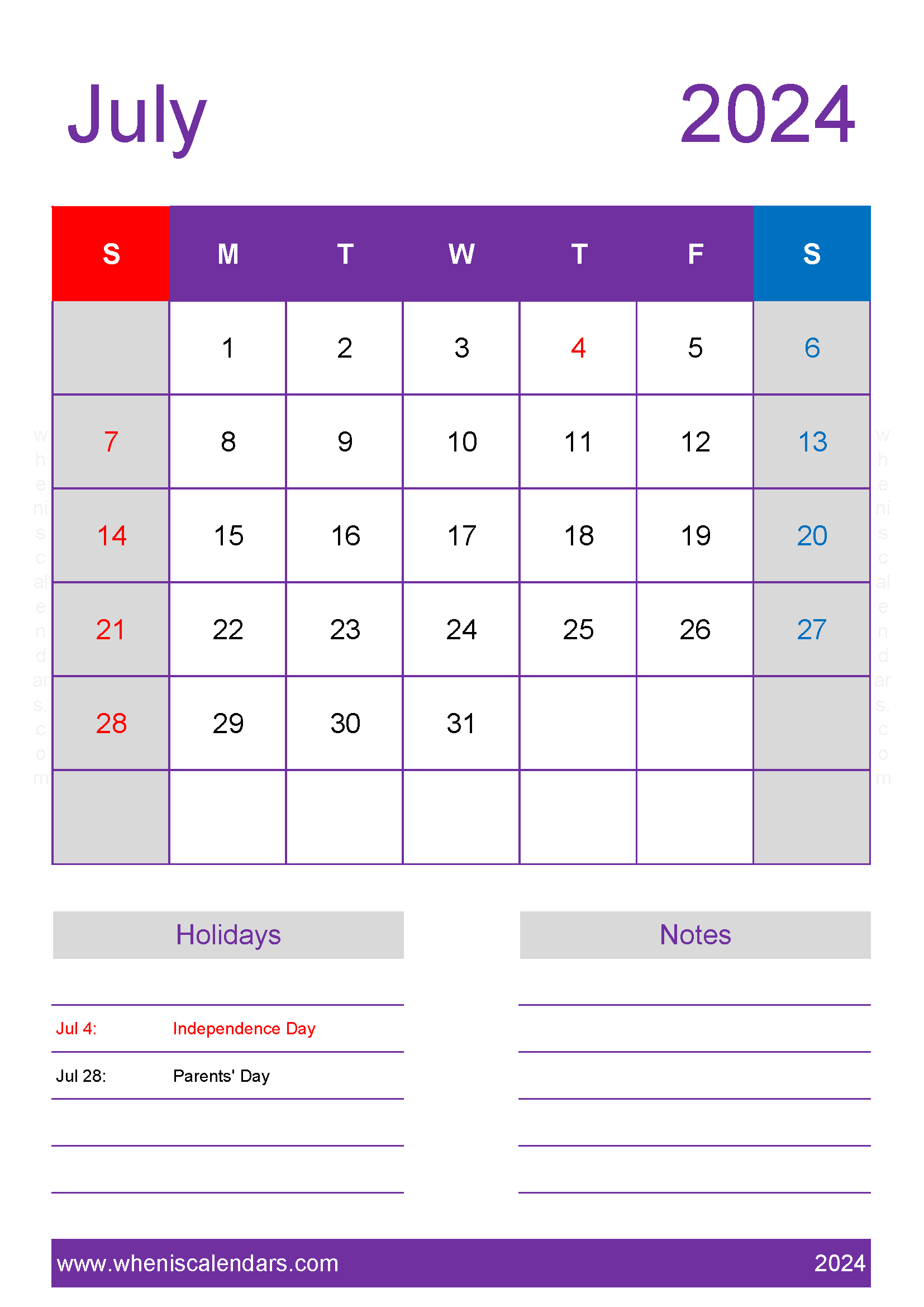 July 2024 Calendar in excel Monthly Calendar
