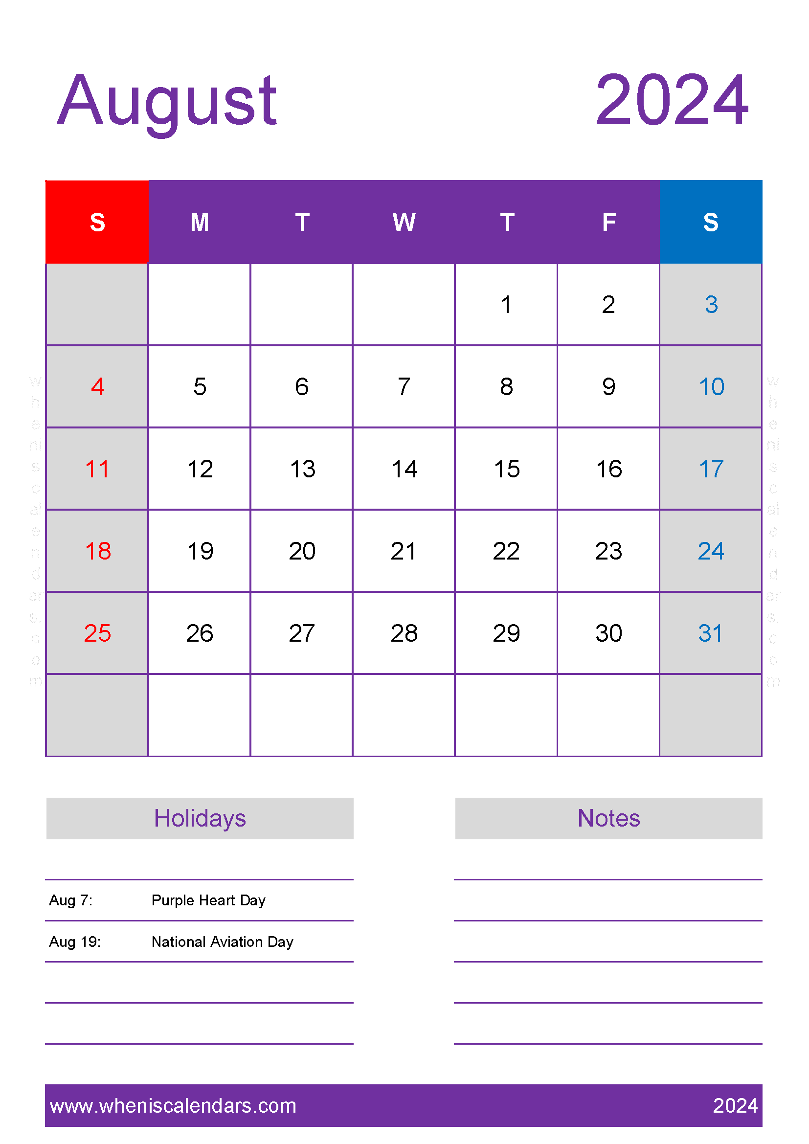 August 2024 Calendar in excel Monthly Calendar