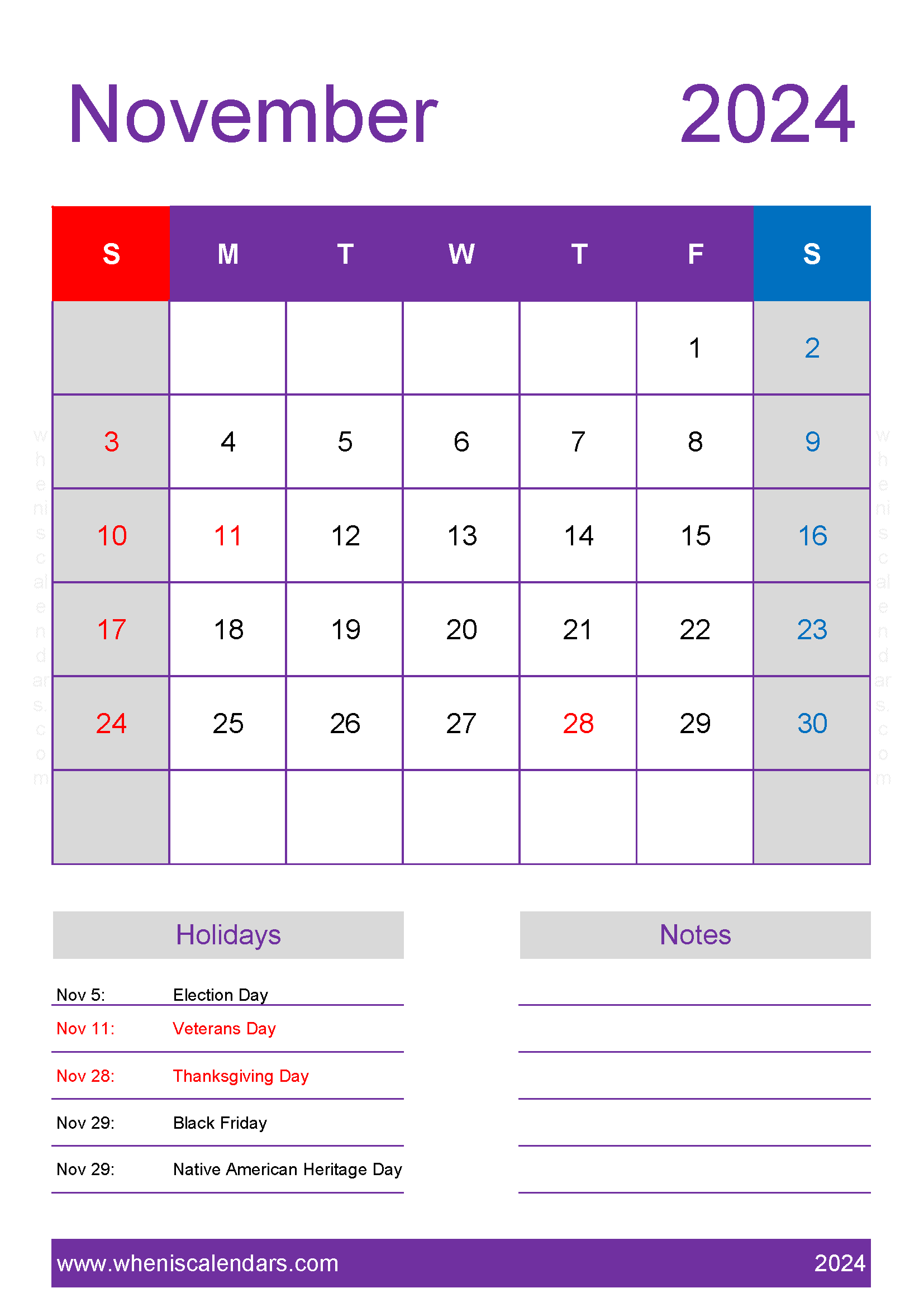 November 2024 Calendar in excel Monthly Calendar