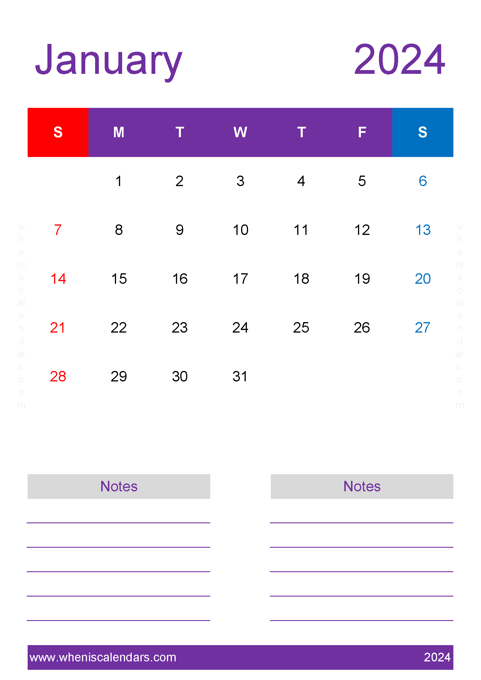 January 2024 Printable Calendar word Monthly Calendar