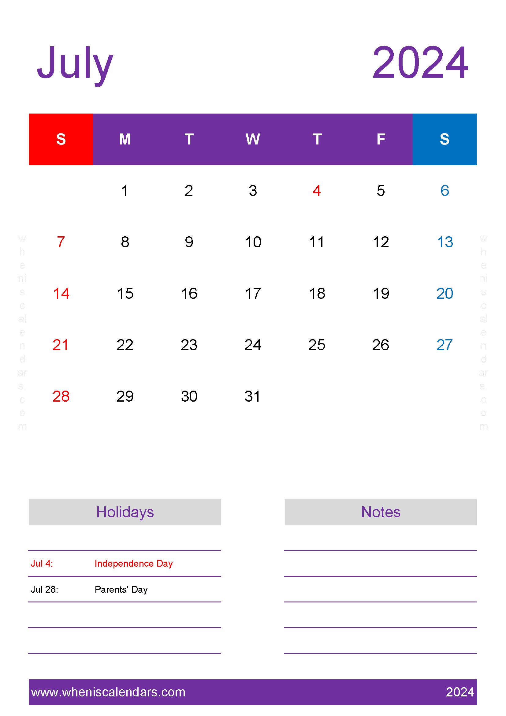 July 2024 month Calendar Printable Monthly Calendar