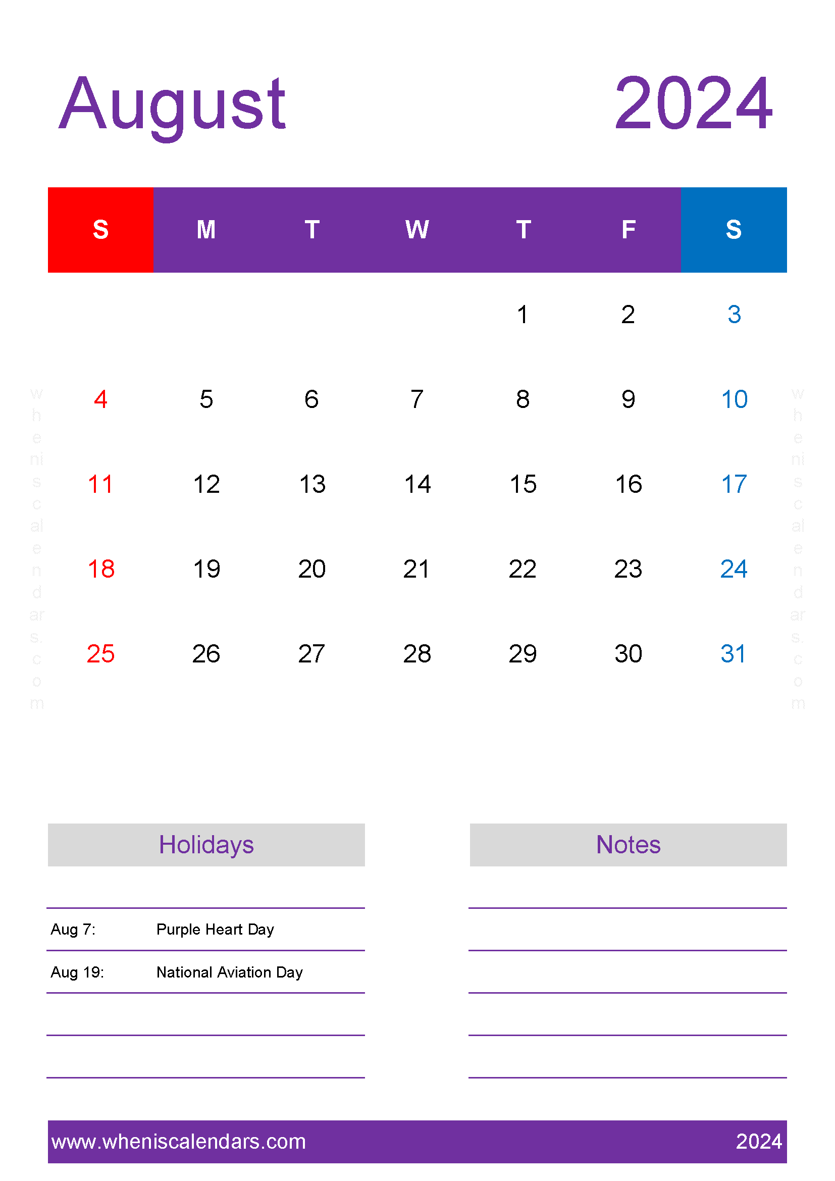August 2024 month Calendar Printable Monthly Calendar