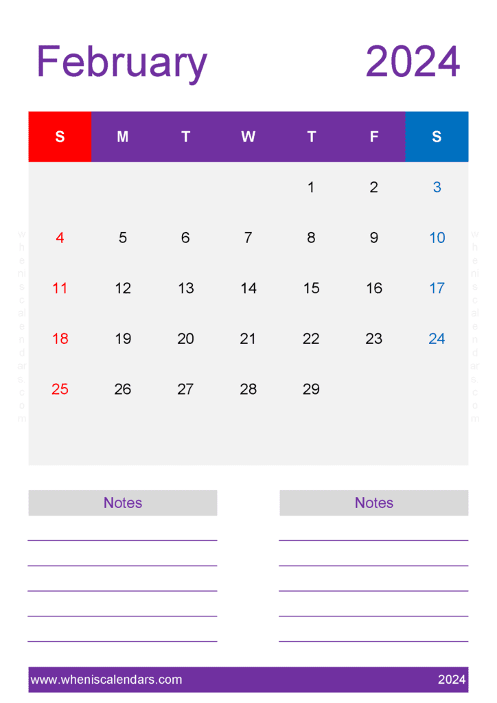 February monthly Calendar 2024 Printable F24240