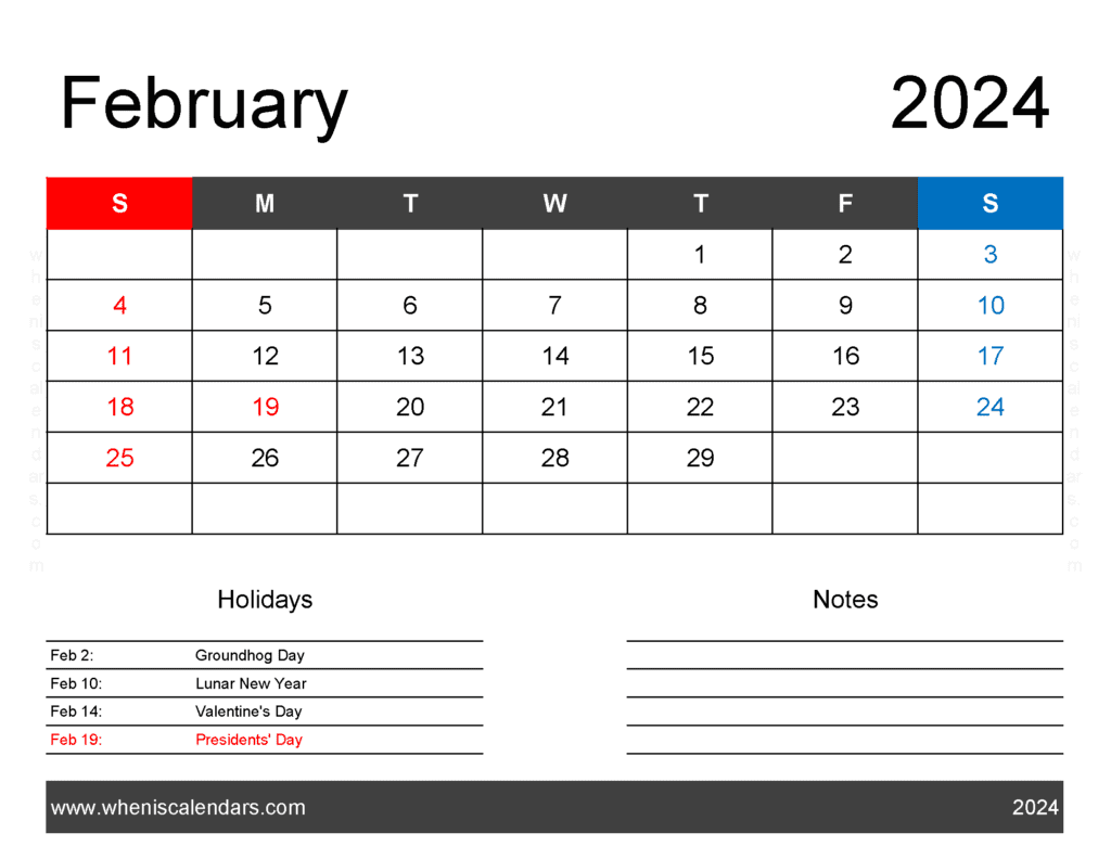Download February 2024 Blank Calendar pdf Letter Horizontal F4161