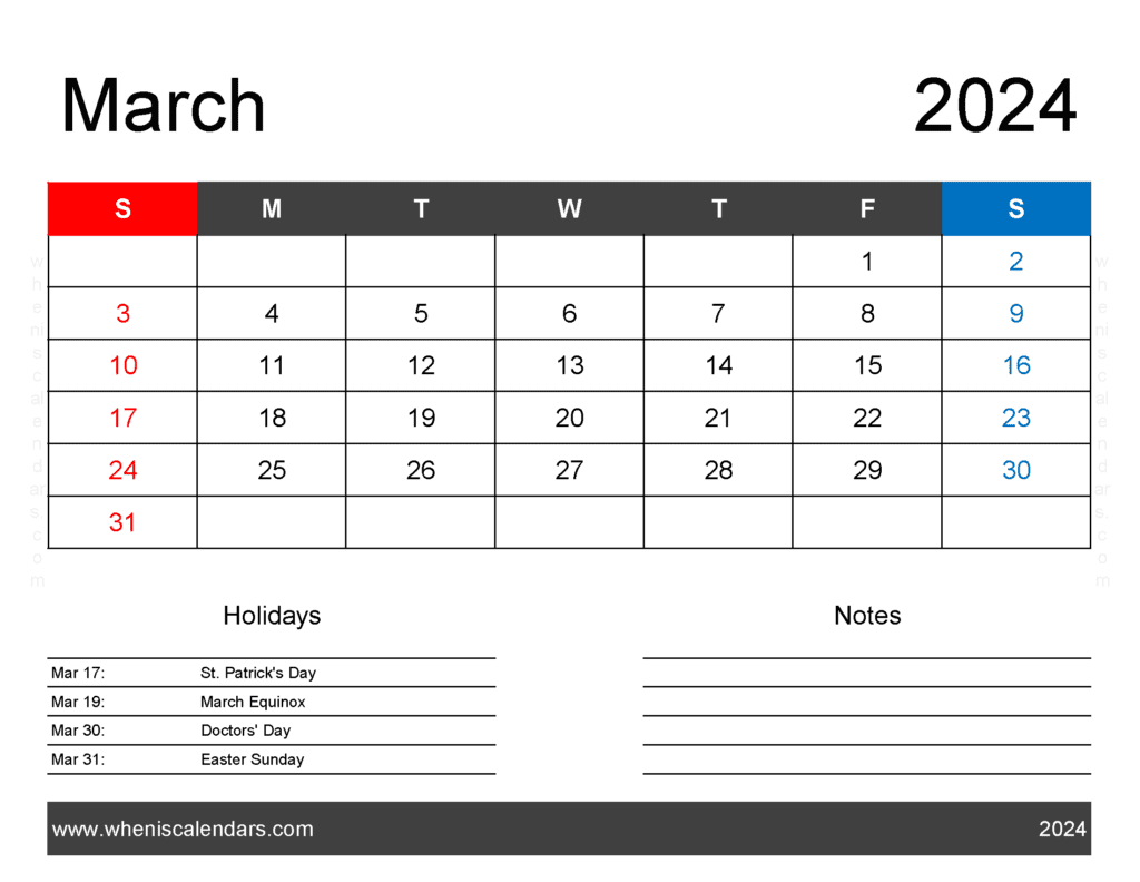 Download March 2024 Blank Calendar pdf Letter Horizontal M34161