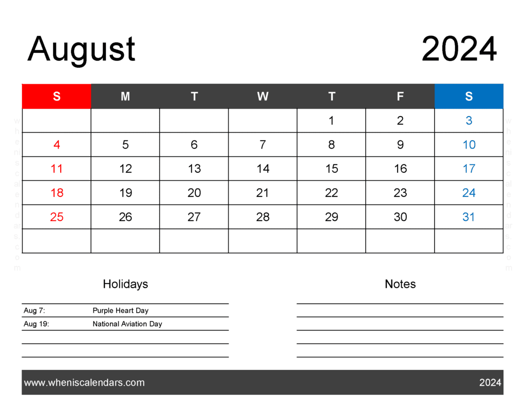 Download free August Calendar 2024 with Holidays printable