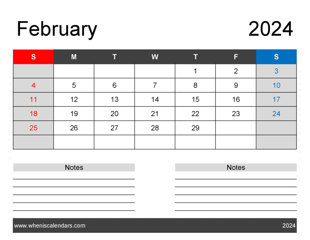 Download Printable February 2024 monthly Calendar Letter Horizontal F4242