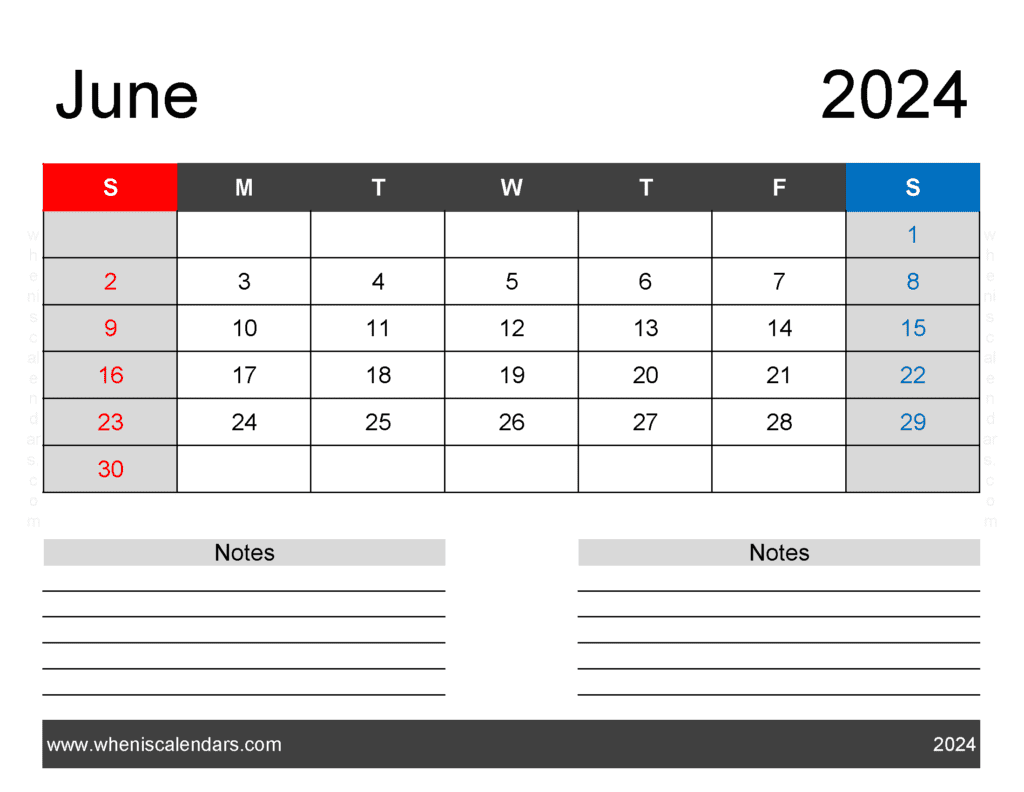 Download Printable June 2024 monthly Calendar Letter Horizontal J64242