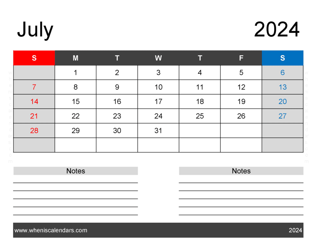 Download Printable July 2024 monthly Calendar Letter Horizontal J74242