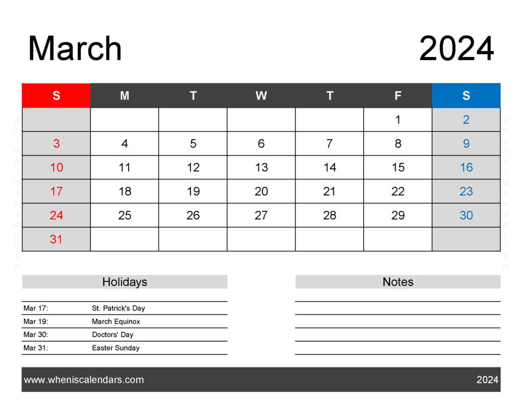 Download free March Calendar 2024 with Holidays printable