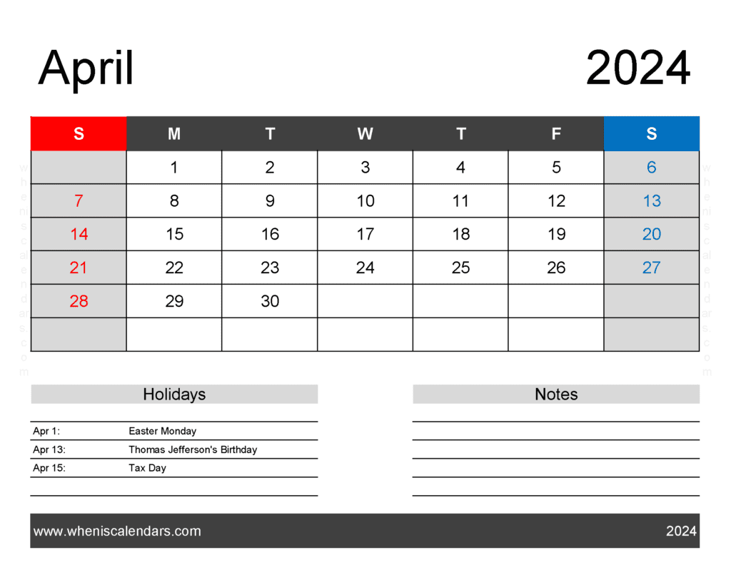 Download free April Calendar 2024 with Holidays printable