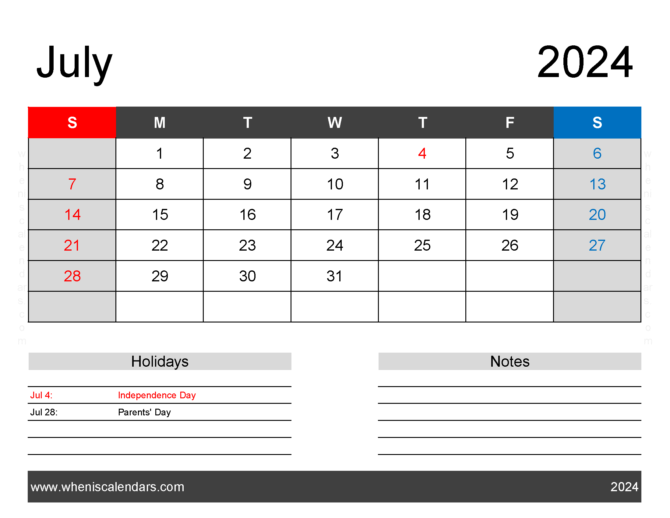 Blank Printable Calendar July 2024 Monthly Calendar