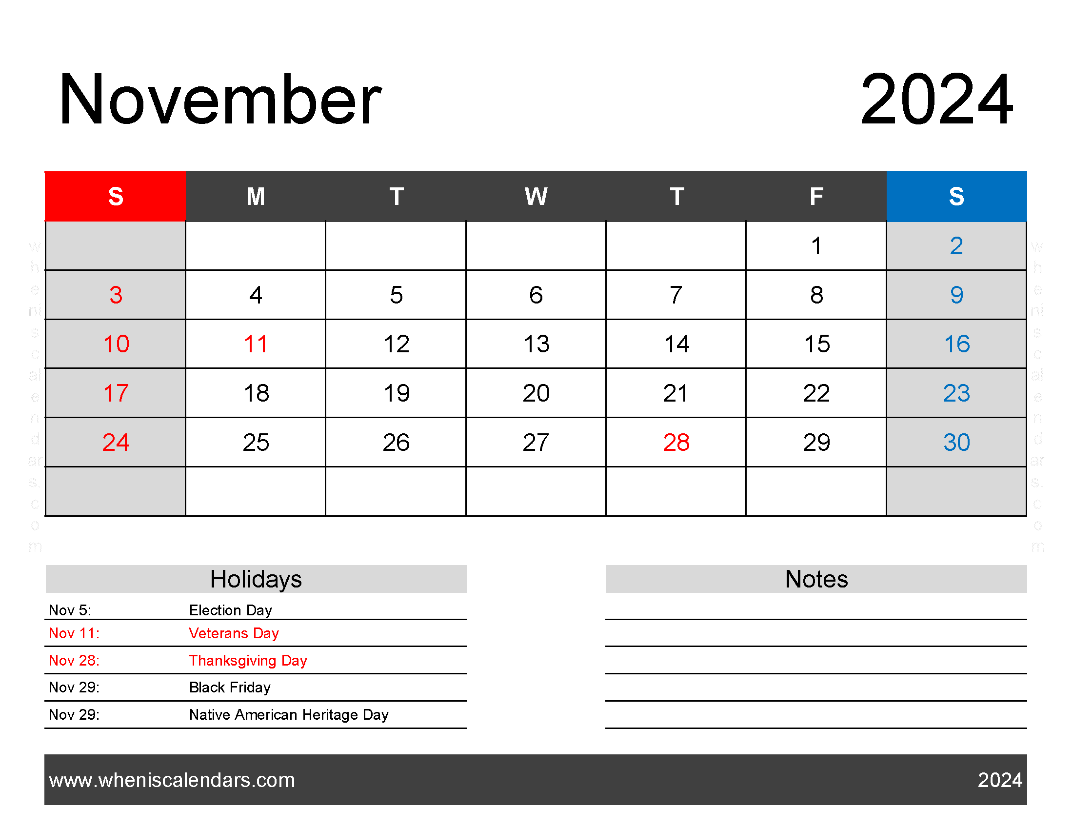 Download free November Calendar 2024 with Holidays printable