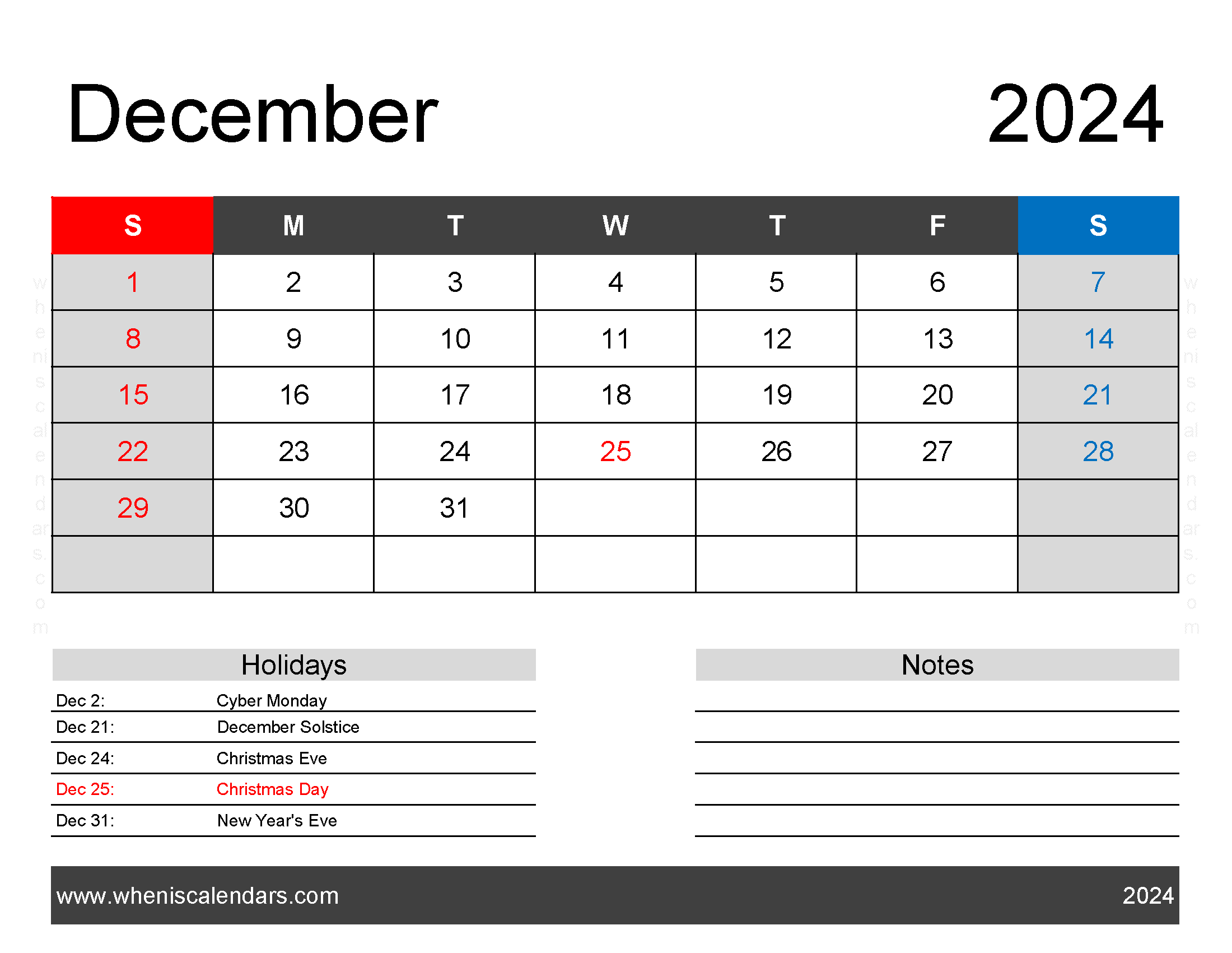 Download free December Calendar 2024 with Holidays printable