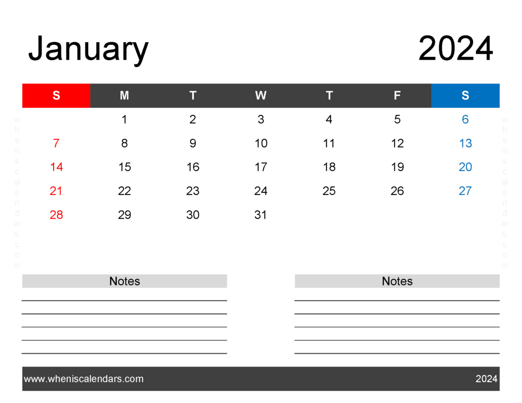 Printable monthly Calendar for January 2024 Monthly Calendar