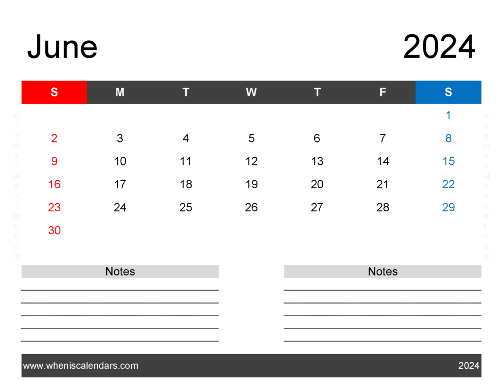 Download Printable monthly Calendar for June 2024 Letter Horizontal J64243