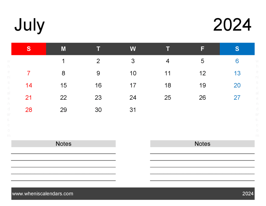 Download Printable monthly Calendar for July 2024 Letter Horizontal J74243