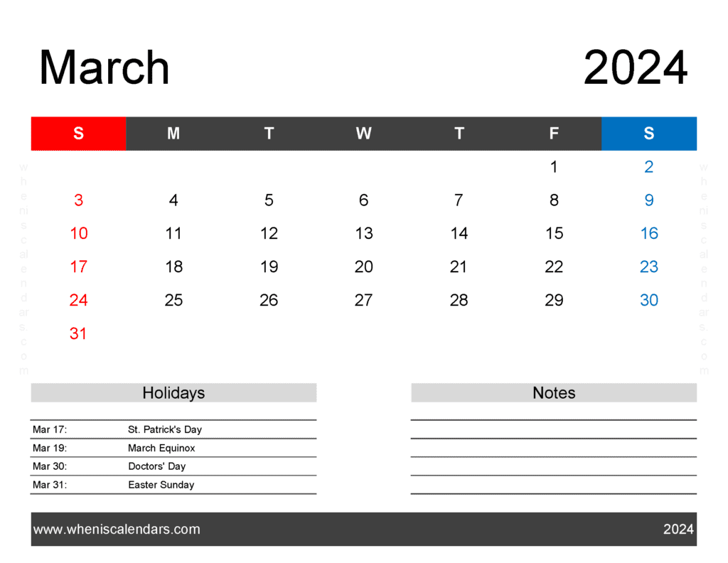 Download March Calendar 2024 editable Letter Horizontal M34163