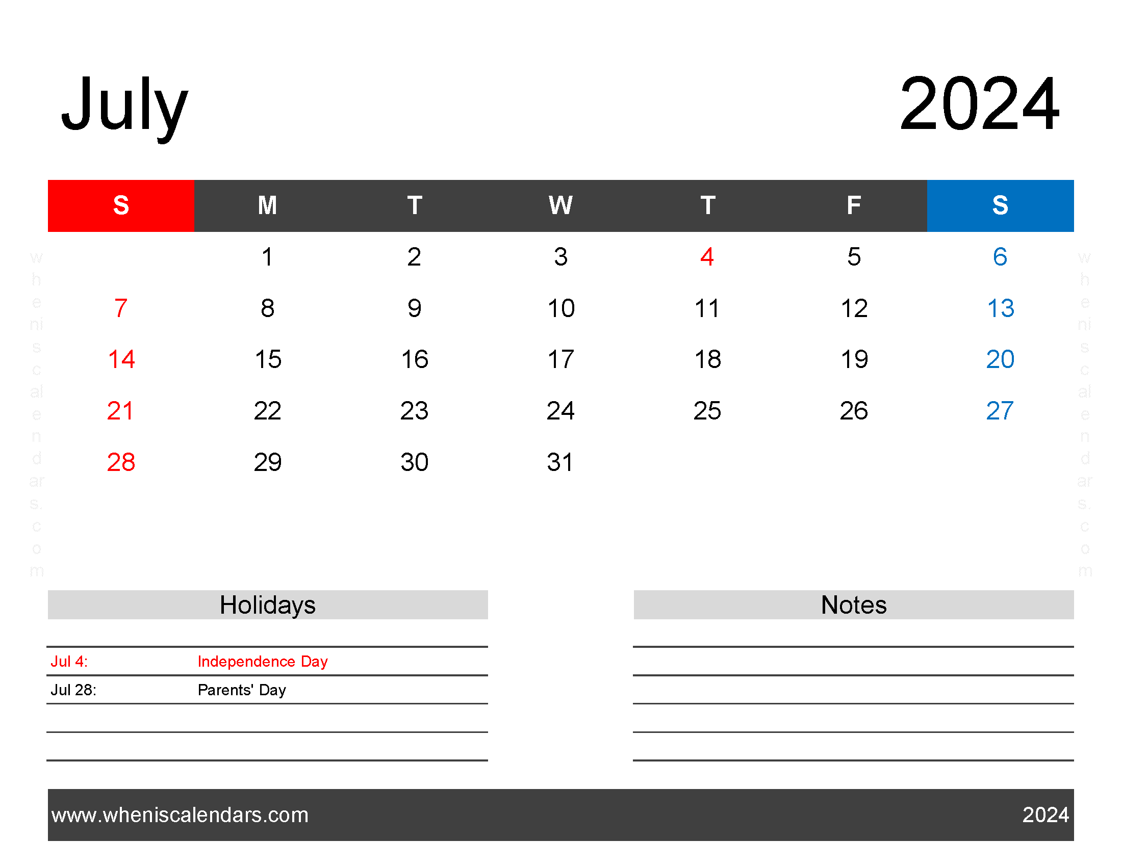 July Calendar 2024 editable Monthly Calendar