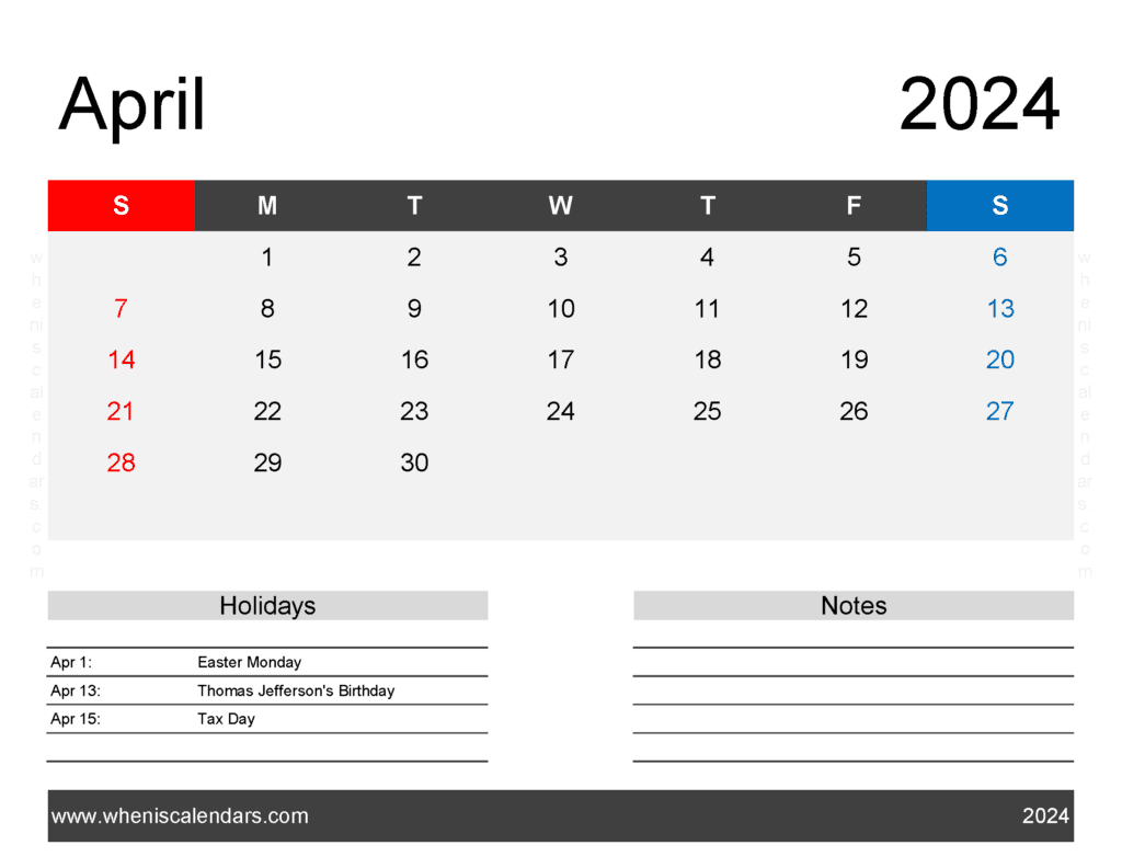 monthly Calendar printable April 2024 A44164