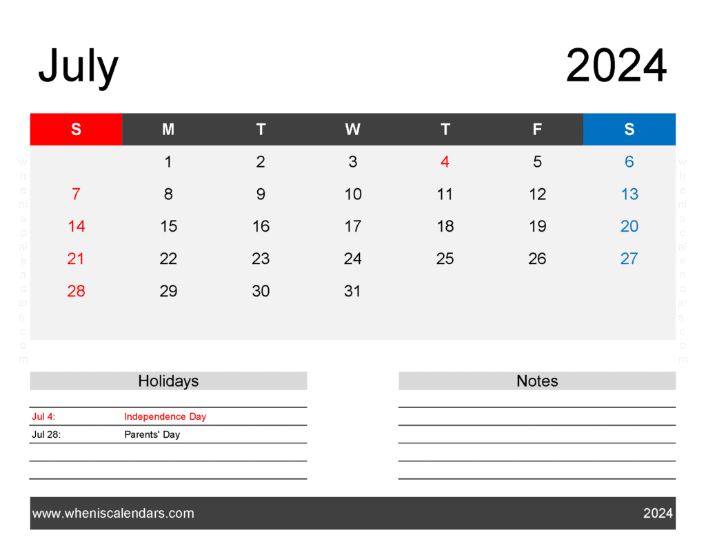 monthly Calendar Printable July 2024 J74164