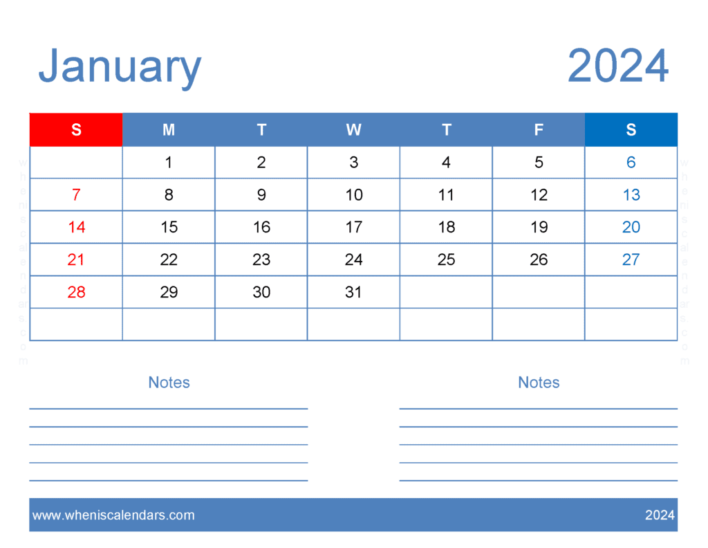 2024 January Blank Calendar Monthly Calendar