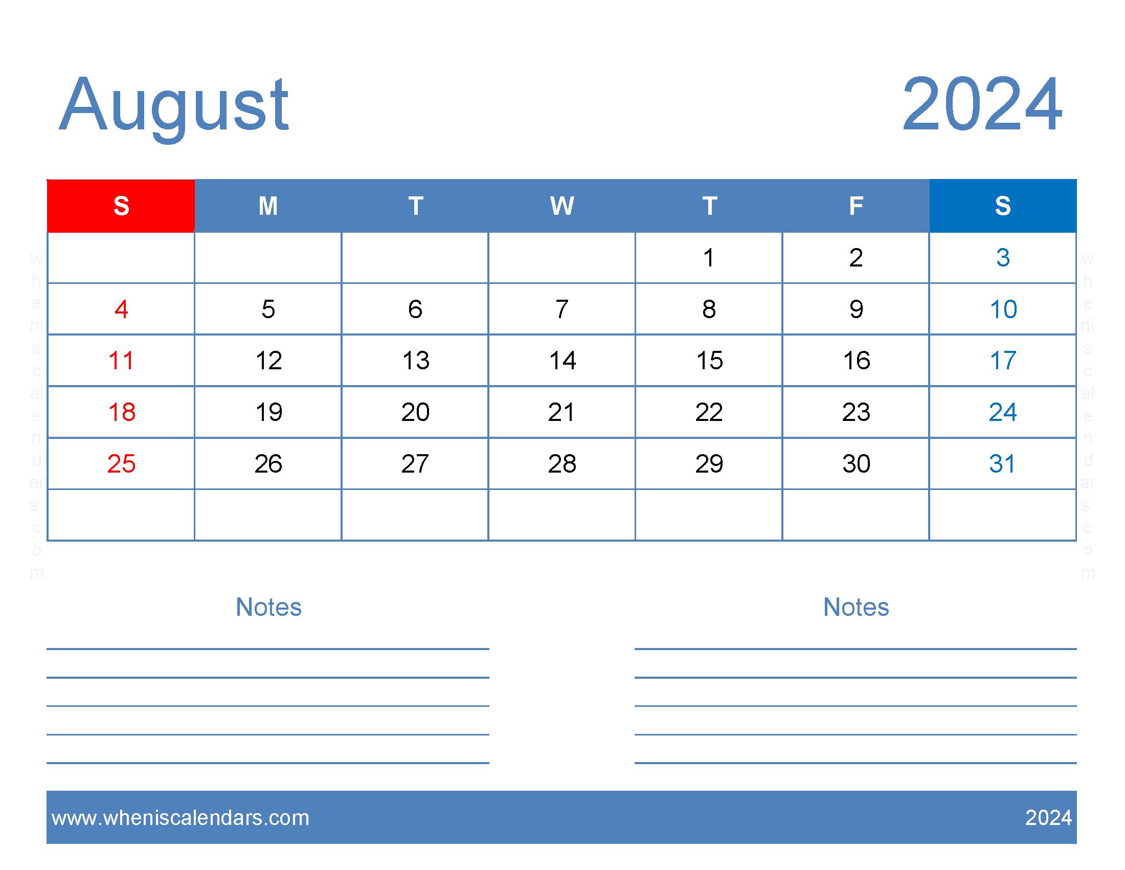 2024 August Blank Calendar Monthly Calendar