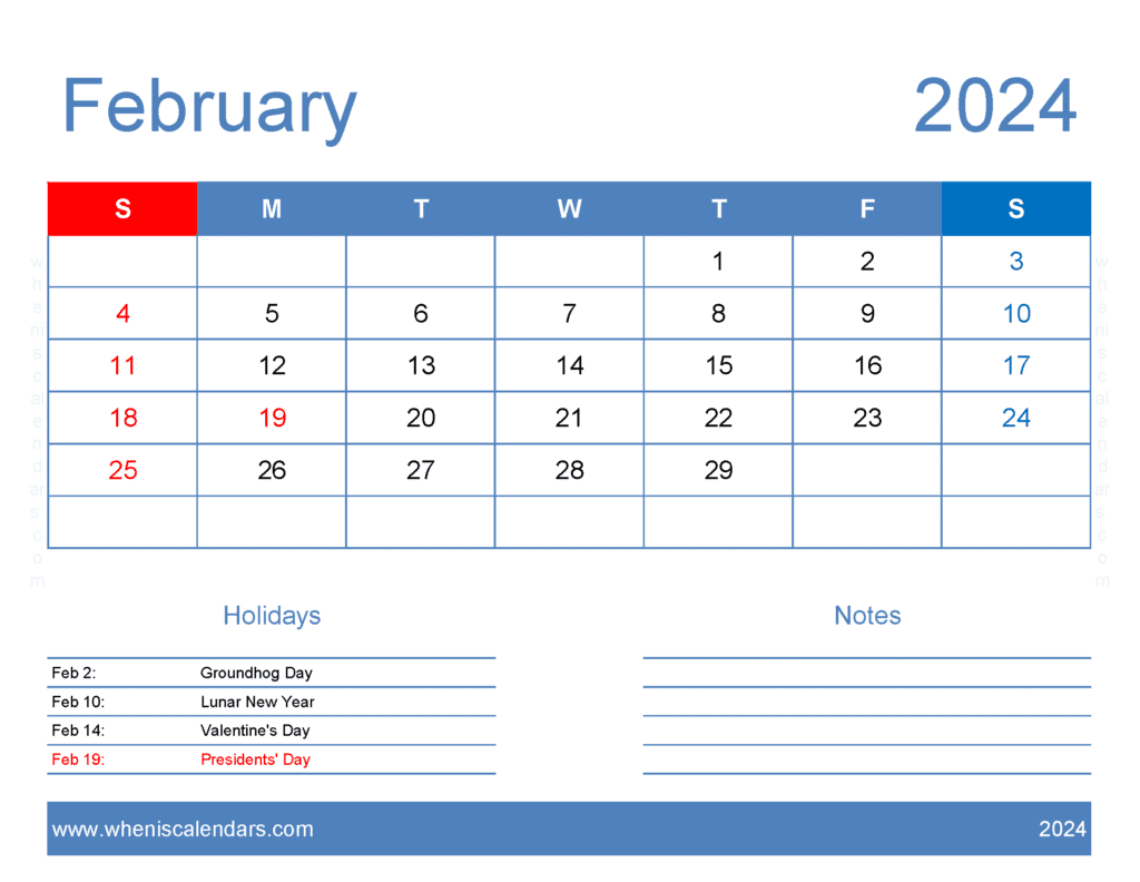 Download print a Calendar com February 2024 Letter Horizontal F4165
