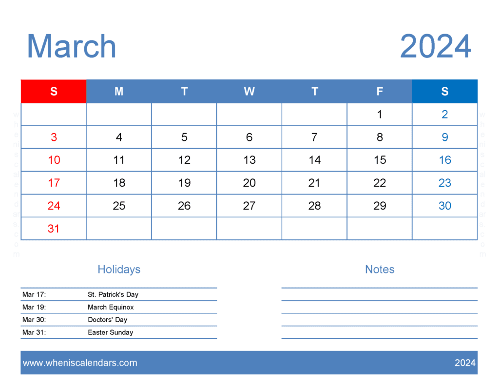 Download free March Calendar 2024 with Holidays printable