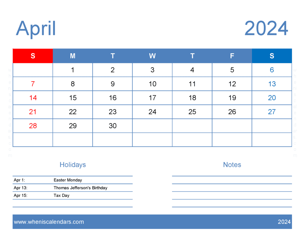 Download free April Calendar 2024 with Holidays printable A4 in Horizontal Landscape