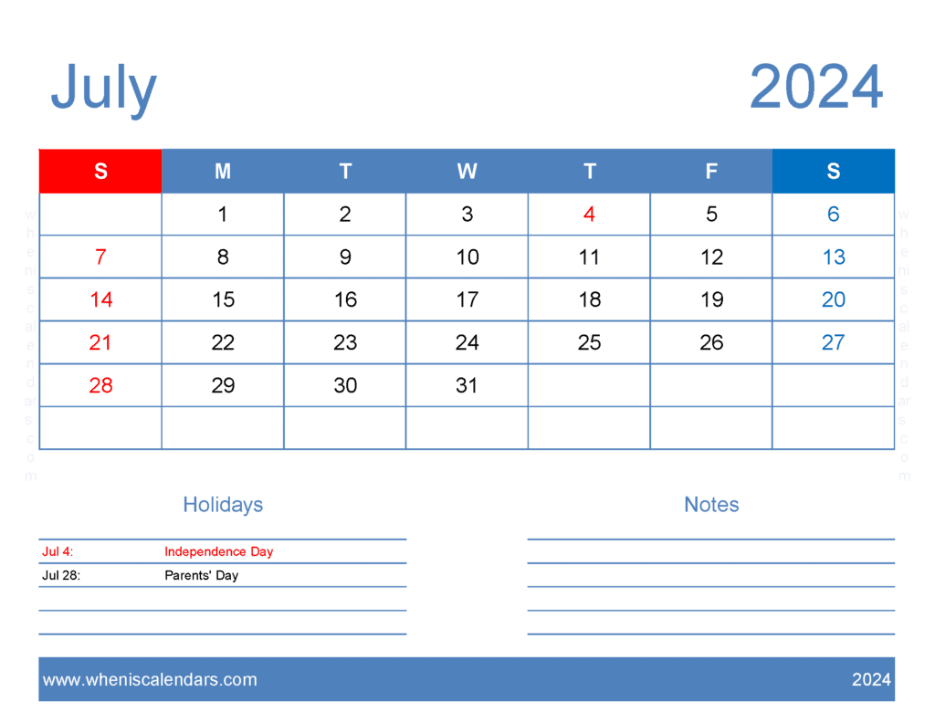 Download print a Calendar com July 2024 Letter Horizontal J74165