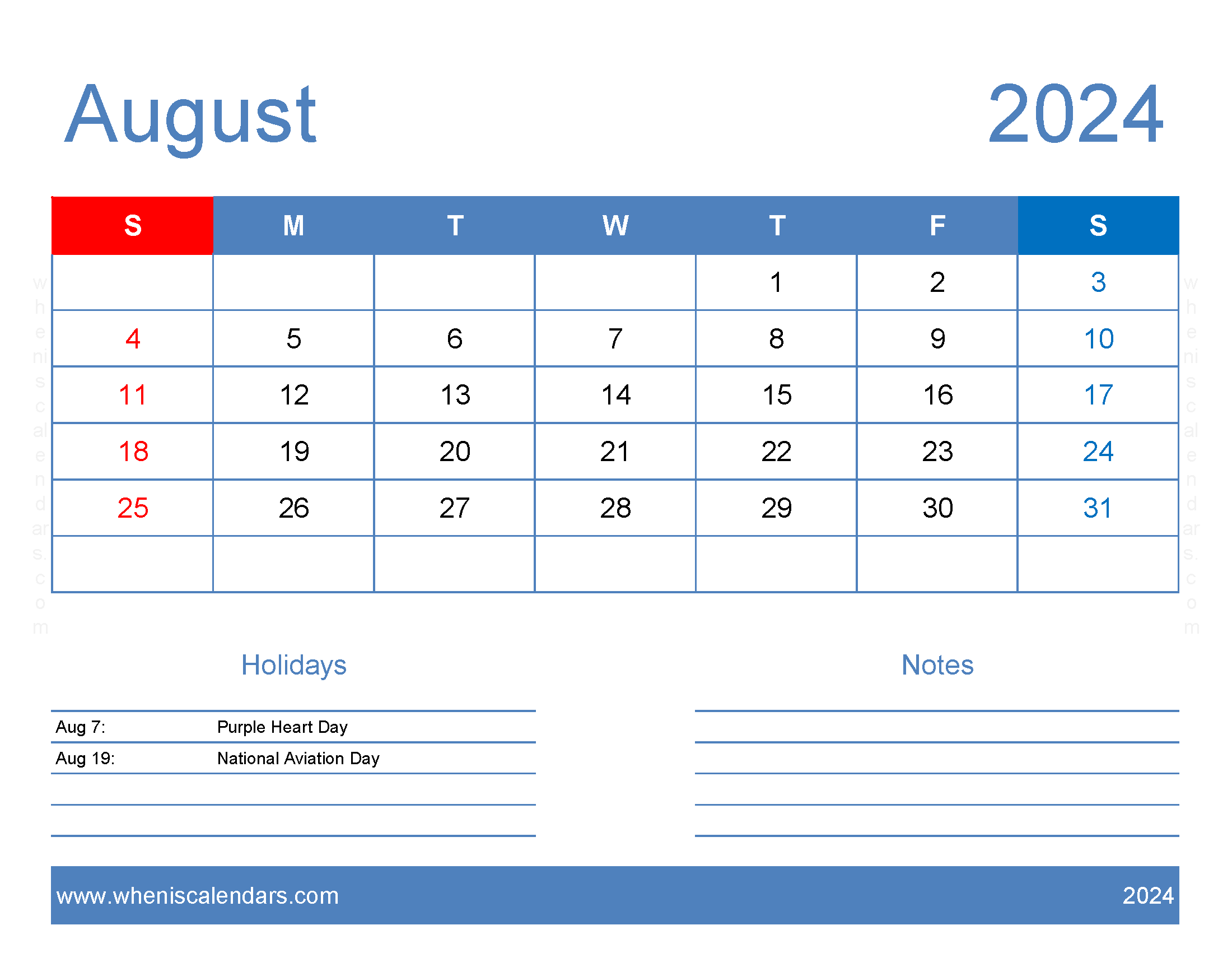 print a Calendar com August 2024 Monthly Calendar