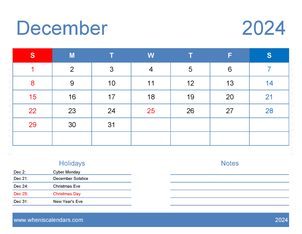 Download free December Calendar 2024 with Holidays printable A4 in Horizontal Landscape