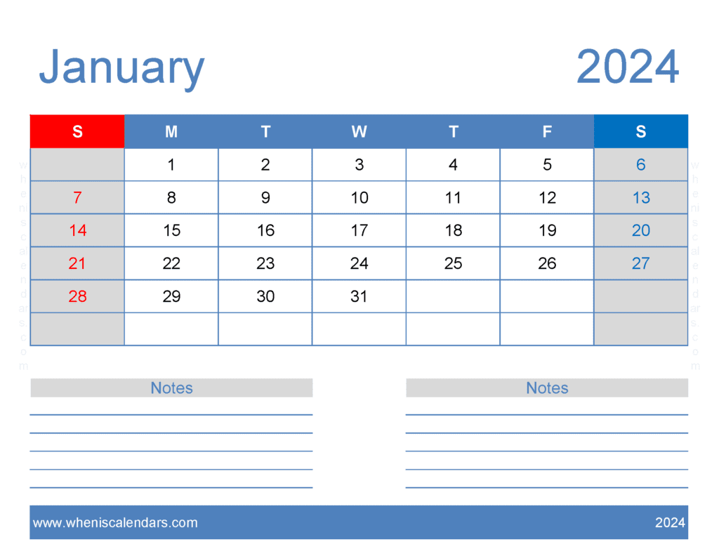 A4 January 2024 Calendar Monthly Calendar