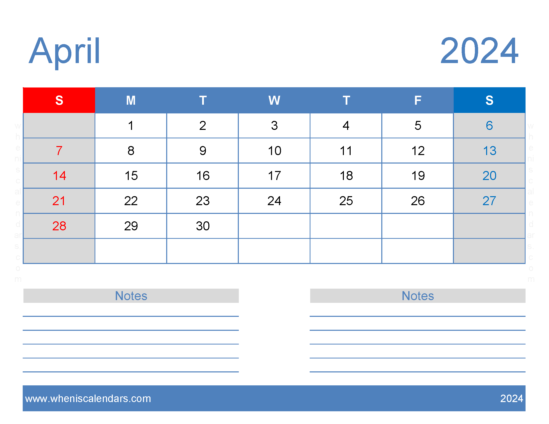 A4 April 2024 Calendar Monthly Calendar