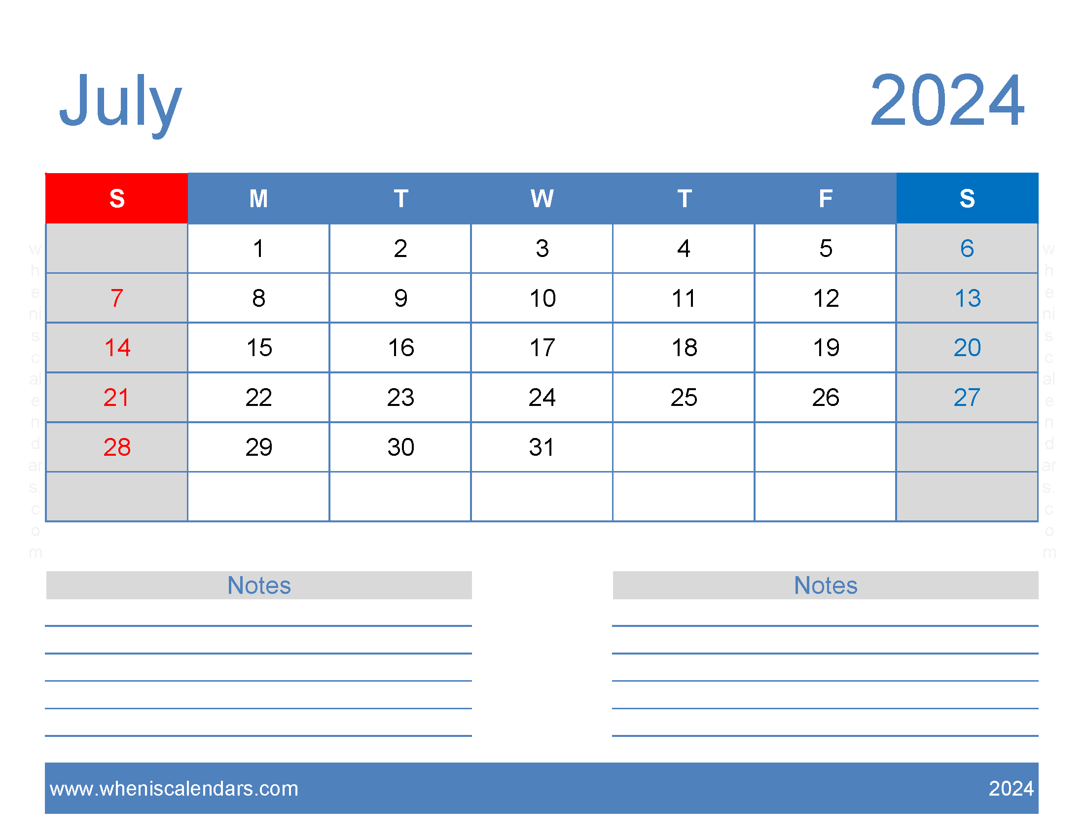 A4 July 2024 Calendar Monthly Calendar