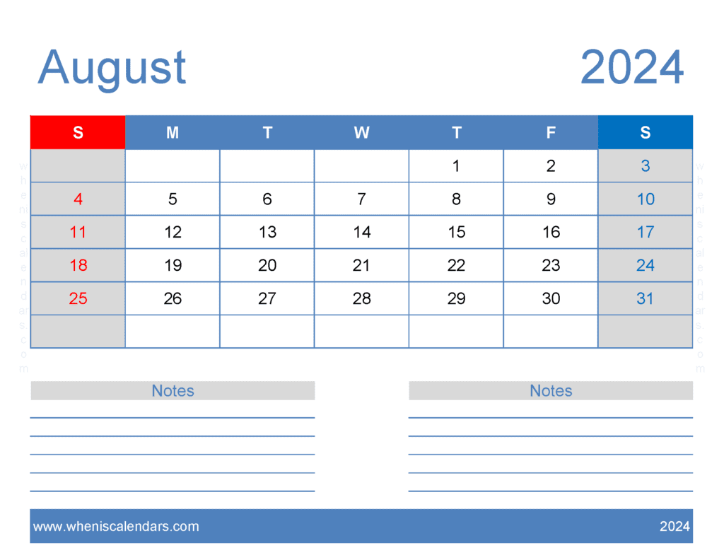A4 August 2024 Calendar Monthly Calendar